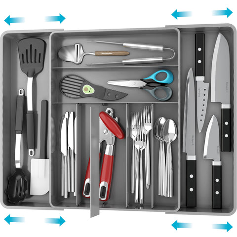 Simple Houseware organizador de cubiertos en cajón extensible, gris, para acceso rápido en la cocina.