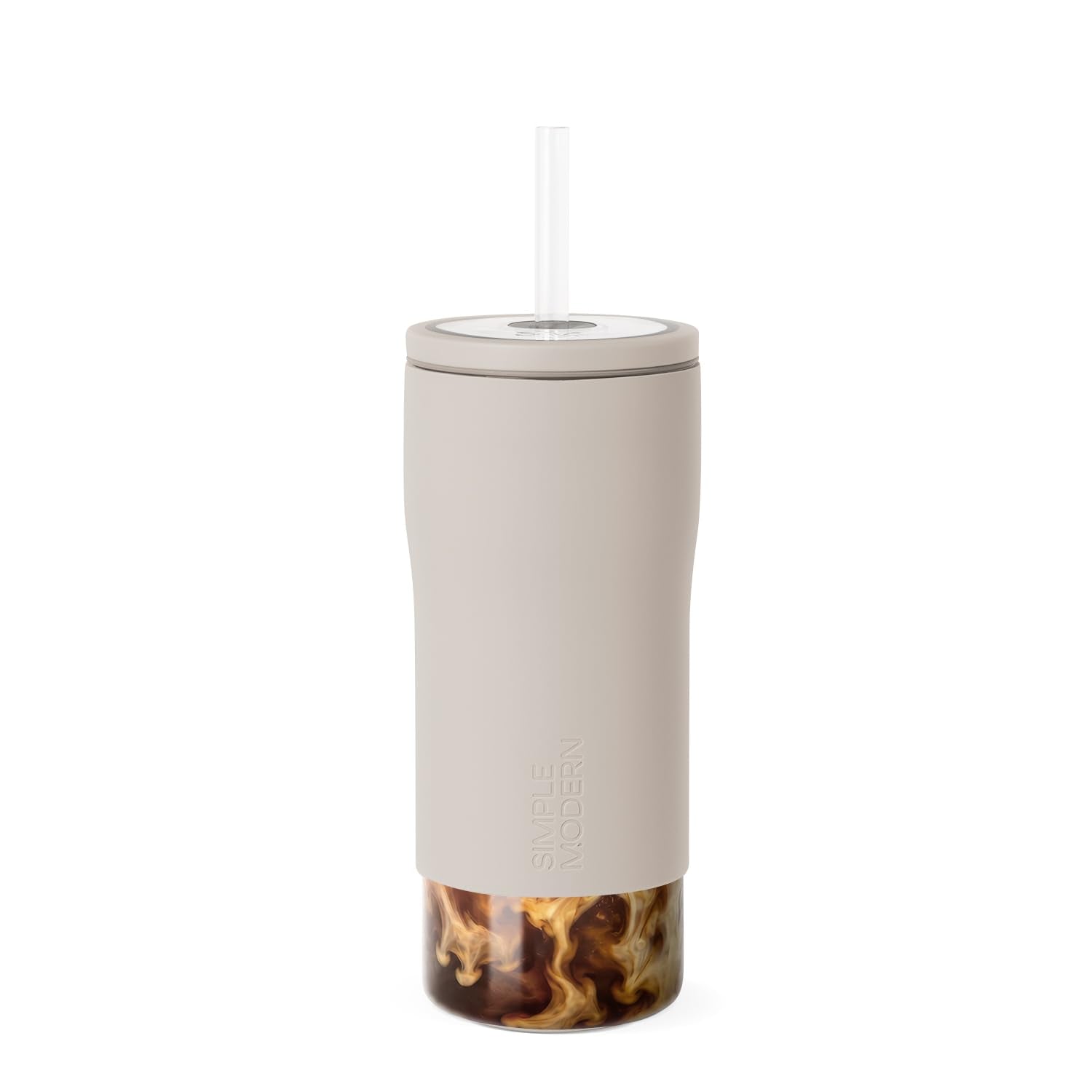 Simple Modern vaso frontal beige mostrando bebida y diseño elegante