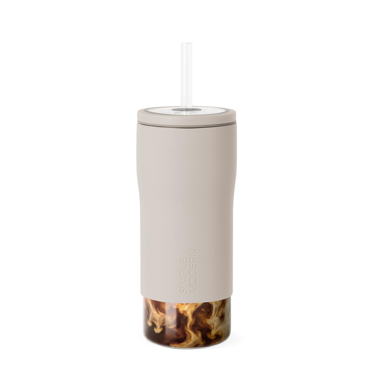 Simple Modern vaso frontal beige mostrando bebida y diseño elegante