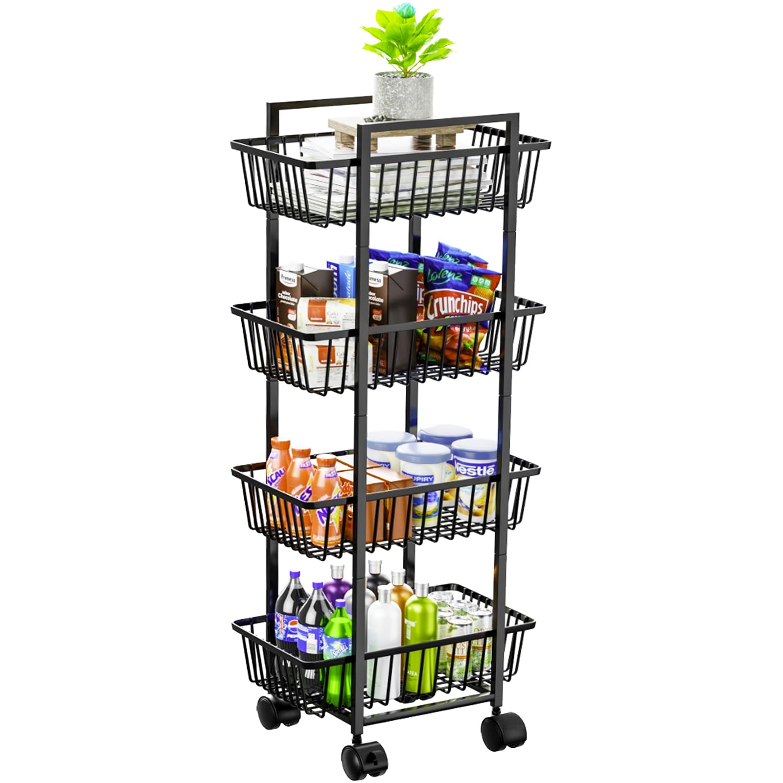 Simple Trending carrito-frutas-verduras-4-estantes con ruedas para organización eficiente.