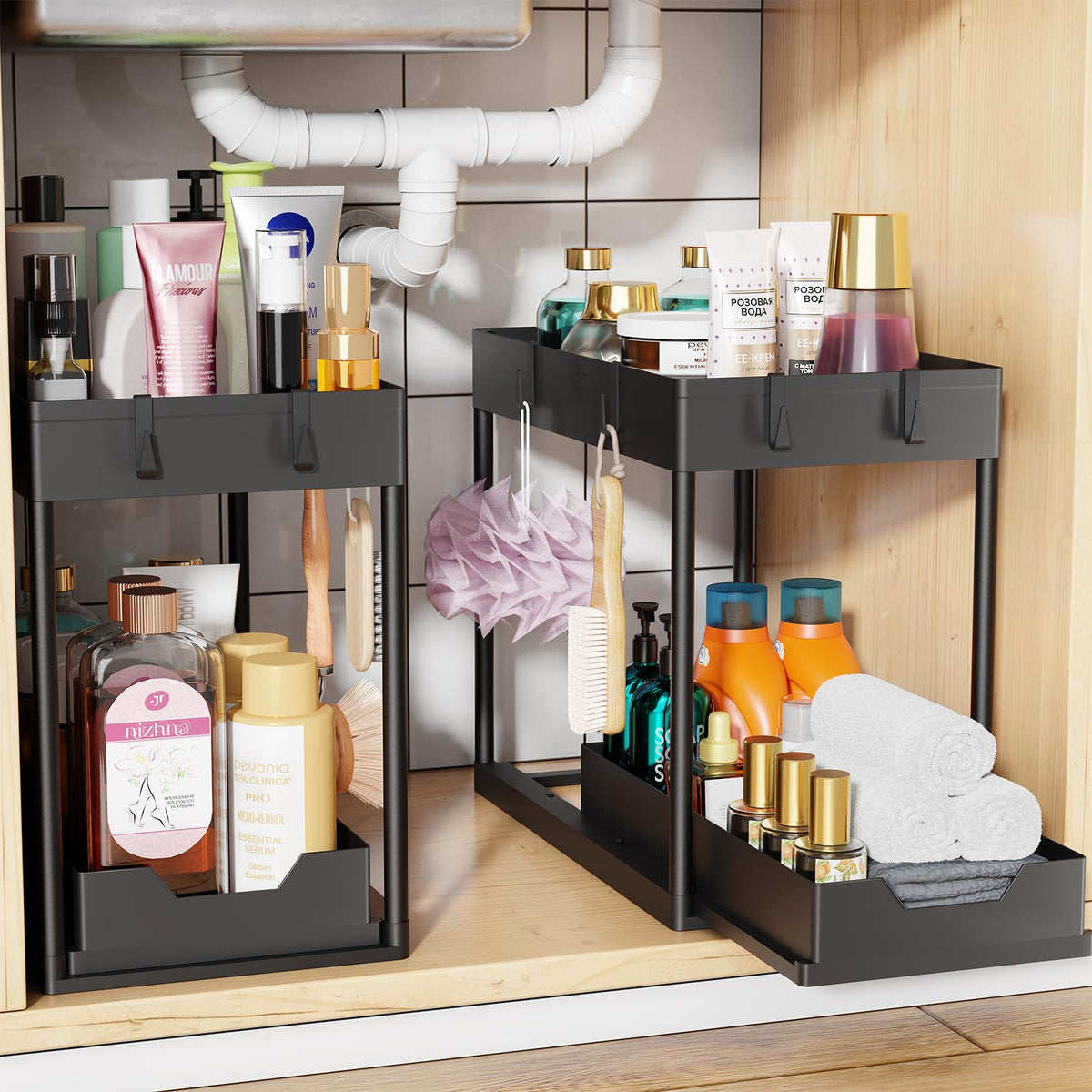 Simple Trending organizador bajo fregadero deslizante para acceso rápido a utensilios.