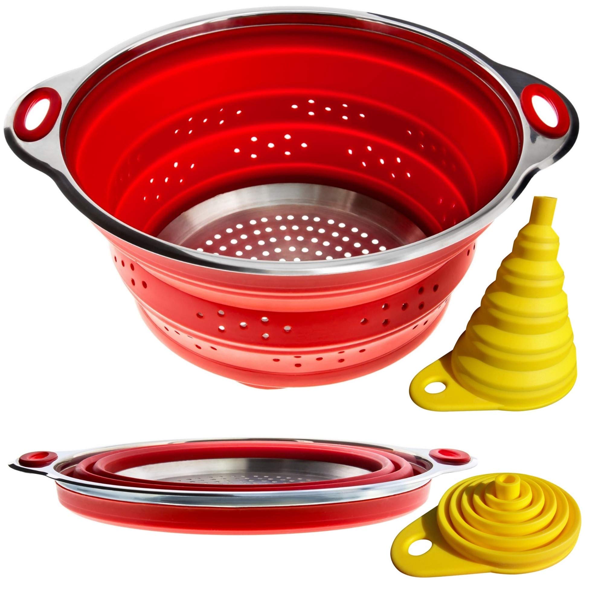 Simpler Life colador colapsable de acero inoxidable con silicona roja, ideal para cocina pequeña.