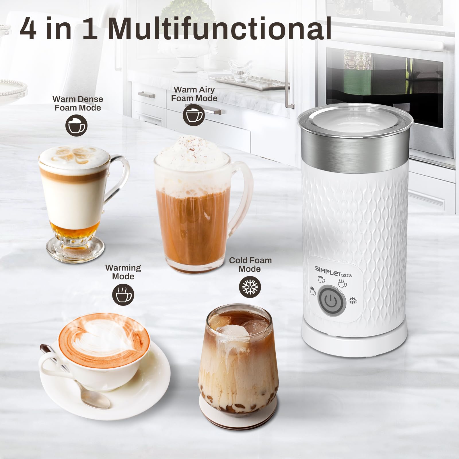 SIMPLETASTE batidora de leche 4-en-1, espuma aireada para latte suave.