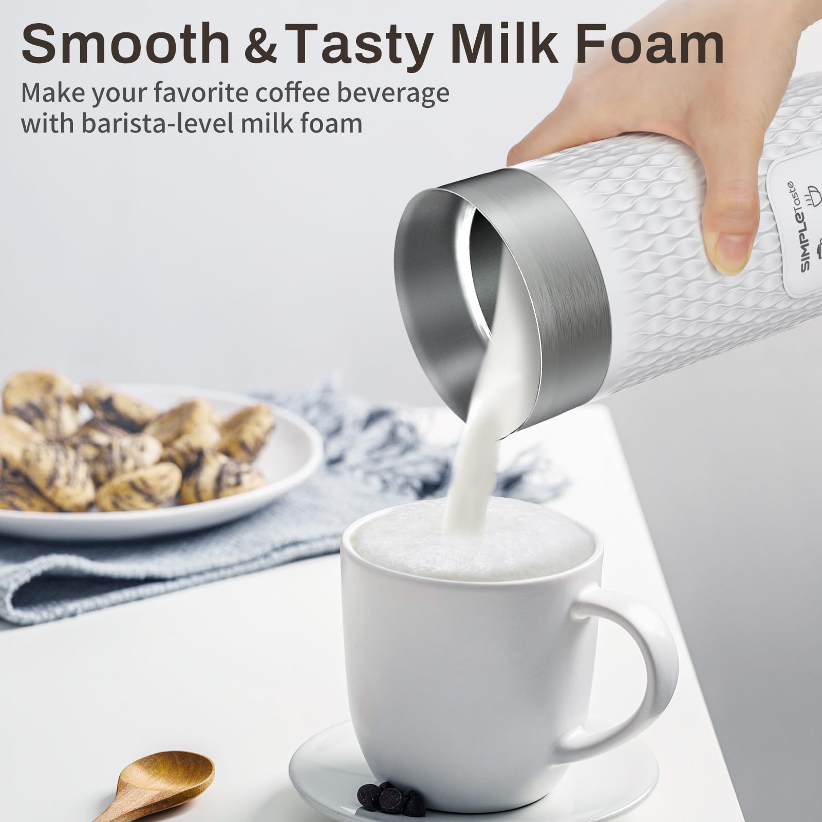 SIMPLETASTE batidora de leche 4-en-1, espumado denso para cappuccinos en casa.