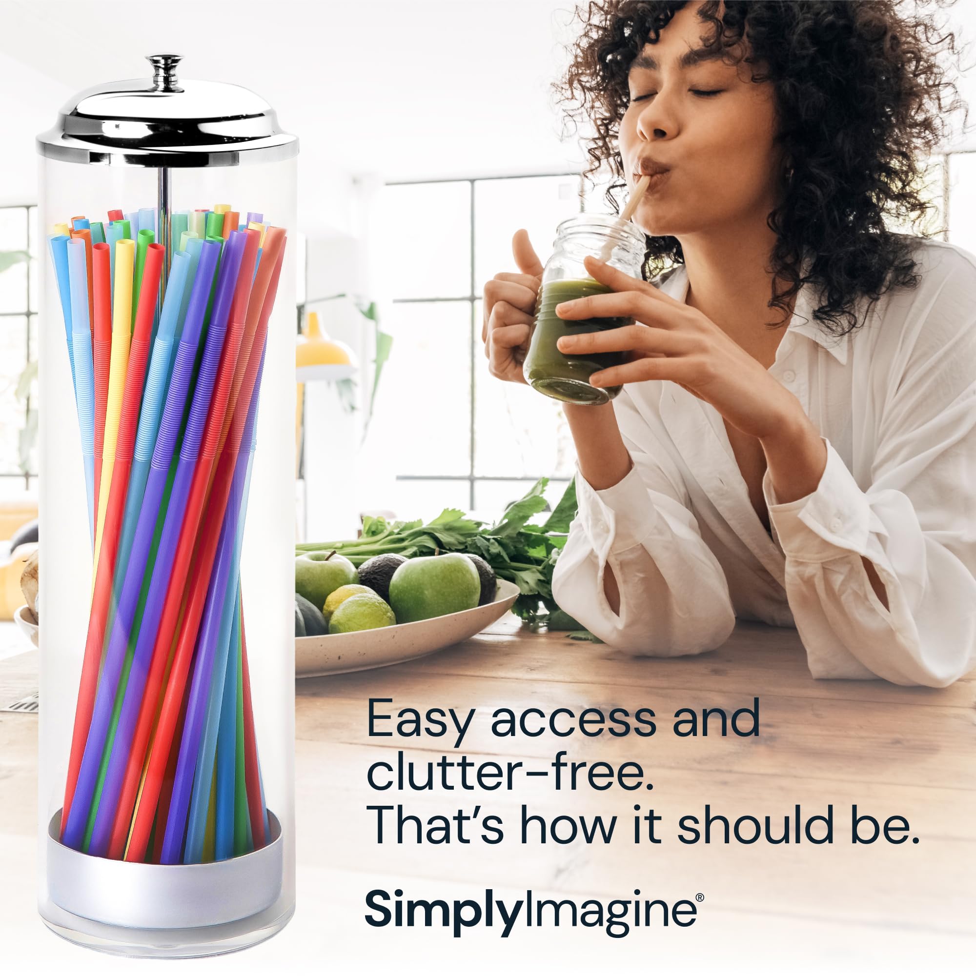 Dispensador SimplyImagine pajillas acrílico transparente con tapa y base metálica, fácil ver el contenido.