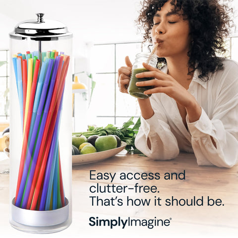 Dispensador SimplyImagine pajillas acrílico transparente con tapa y base metálica, fácil ver el contenido.
