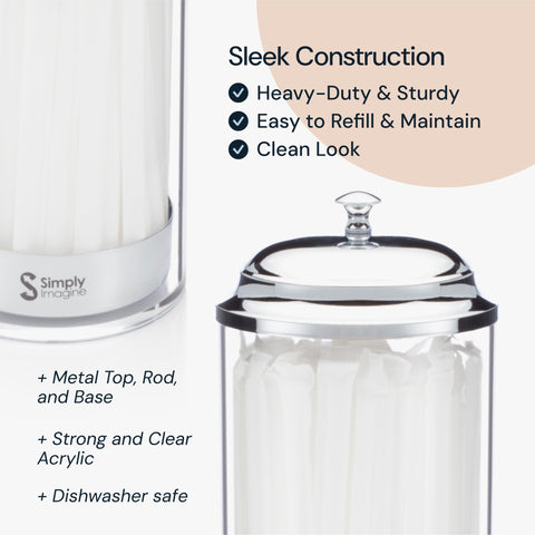 Dispensador SimplyImagine pajillas con estilo retro en acrílico, tapa y base metálica para mostrador.