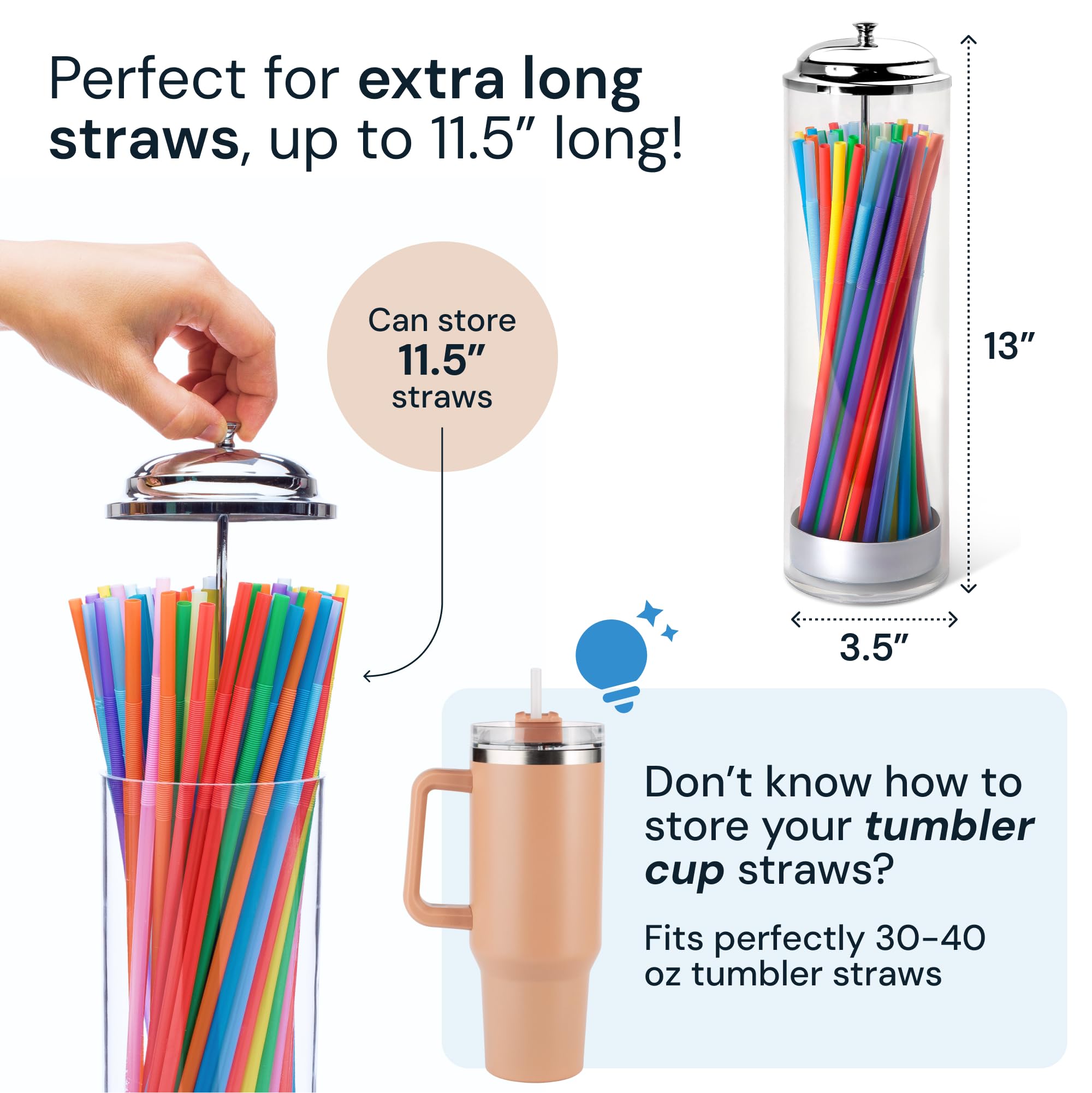 Dispensador SimplyImagine pajillas multifuncional en acrílico con tapa y base metálica para escritorio.