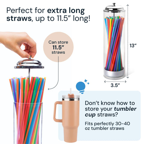 Dispensador SimplyImagine pajillas multifuncional en acrílico con tapa y base metálica para escritorio.
