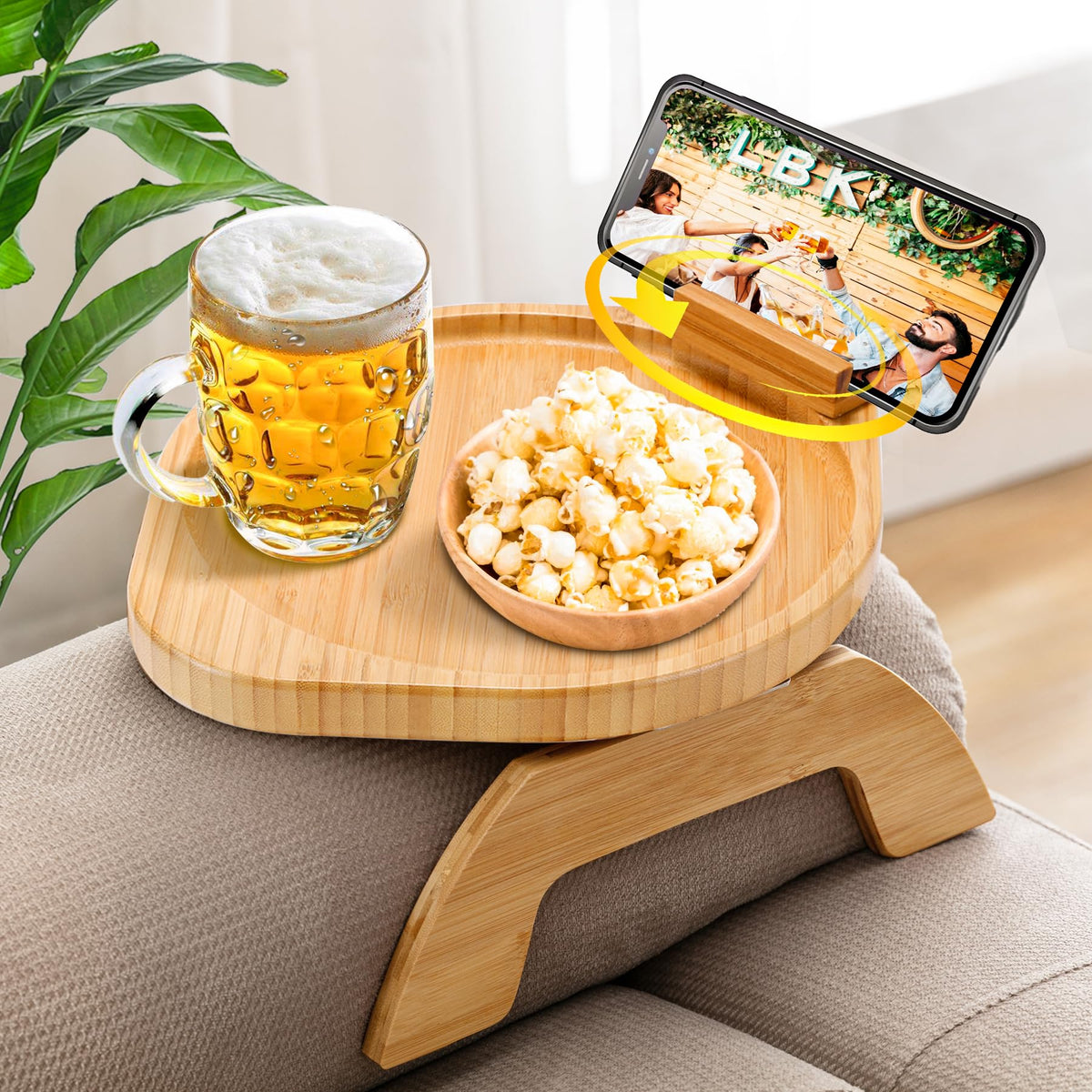 SINWANT bandeja para brazo de sofá de bambú, estable para snacks.