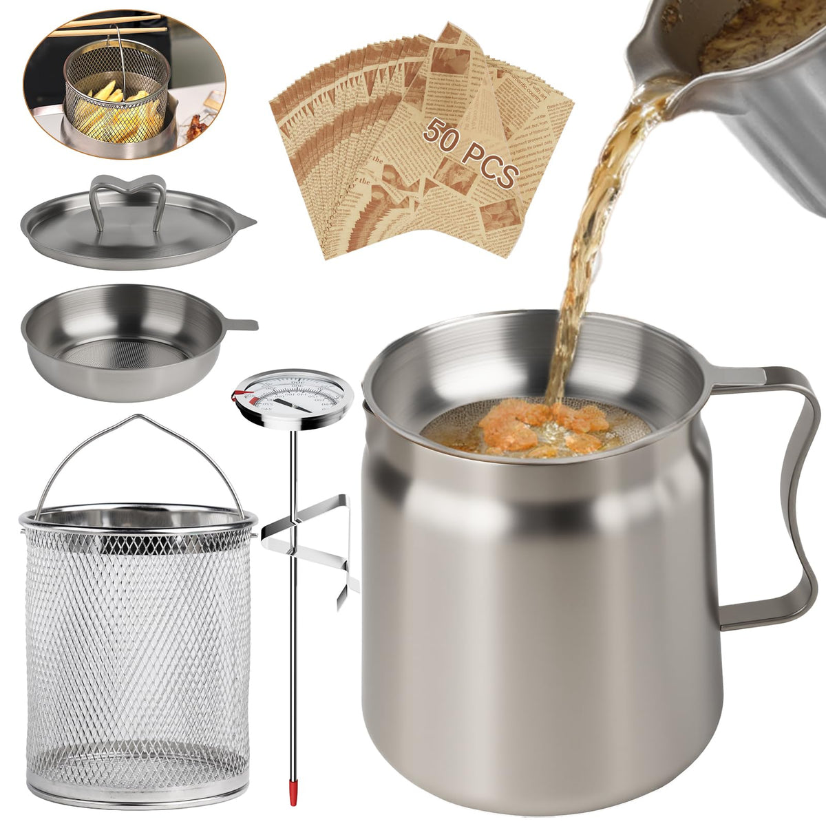 SINYWAY pote filtrador de aceite 2L para conservar aceite reutilizable.
