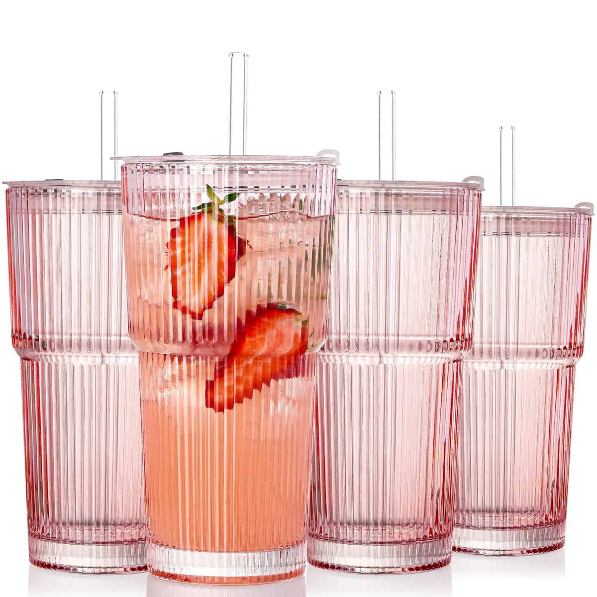 Vasos SIPBYSOP rosados con relieve estriado y tapa plástica para llevar bebidas