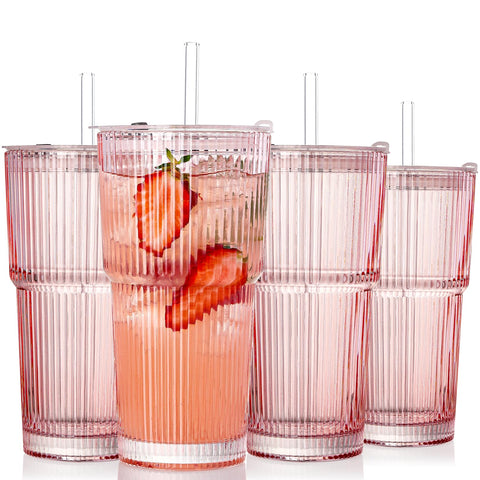 Vasos SIPBYSOP rosados con relieve estriado y tapa plástica para llevar bebidas