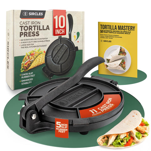 Prensa SIRCLES de hierro forjado para tortillas de 10 pulgadas, resultados consistentes.