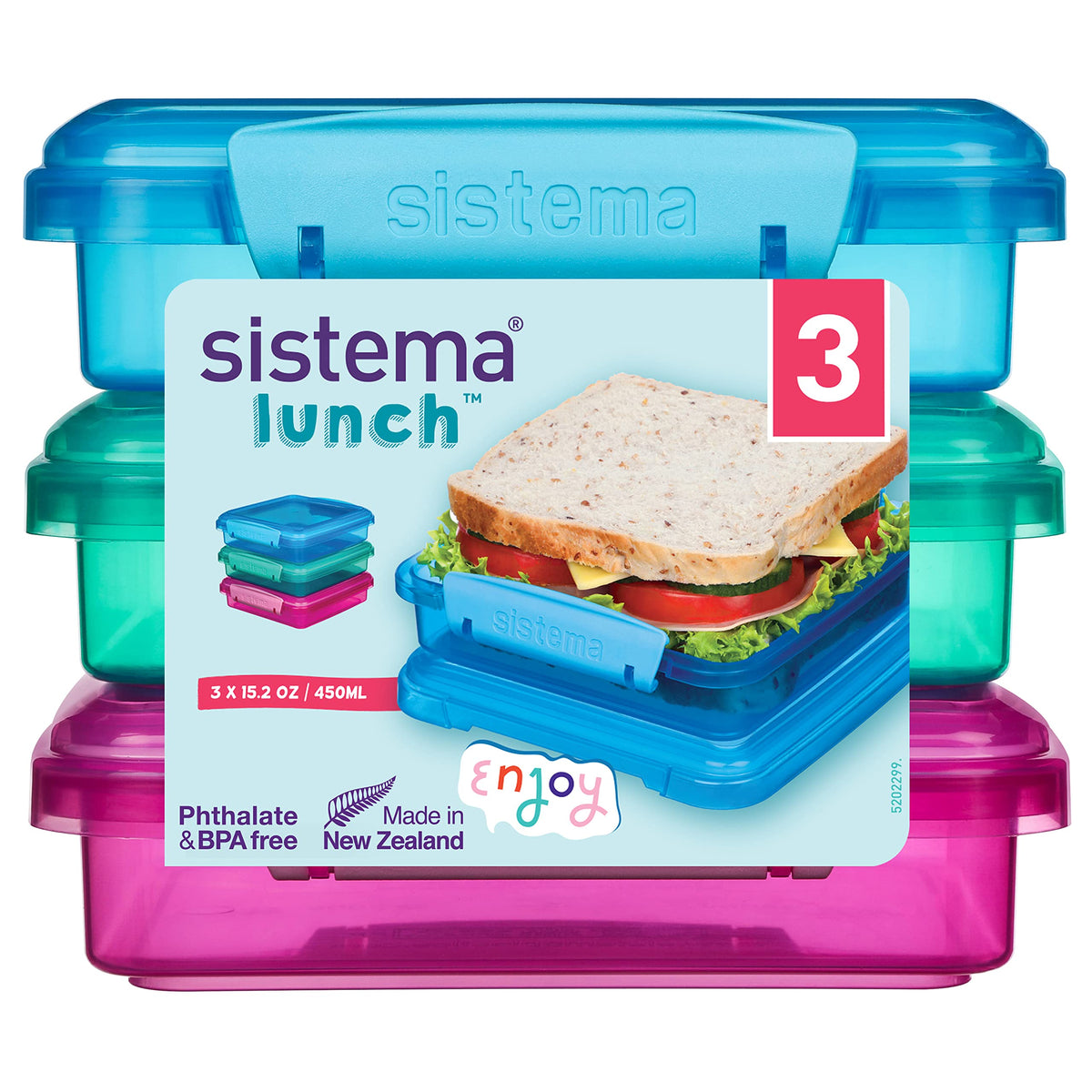 Sistema en azul: conjunto de tres contenedores para sándwiches frescos.