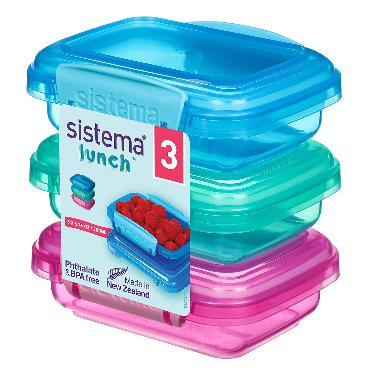 Sistema Colección de Almuerzo: contenedores de 6,7 oz en rosa, verde y azul para meriendas.