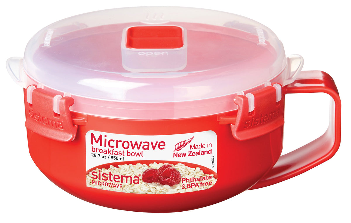Sistema tazón de avena para microondas en rojo transparente, práctico para desayunos para llevar.