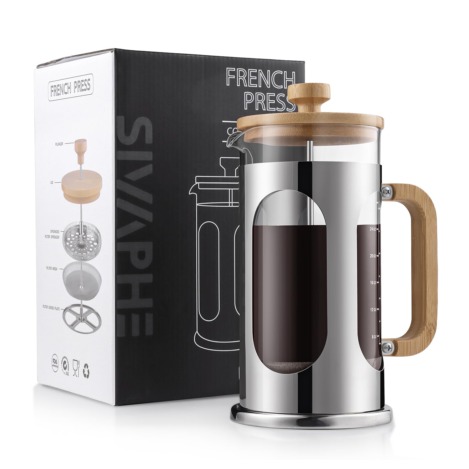 Sivaphe Prensa Francesa 34oz, vista frontal para uso diario.