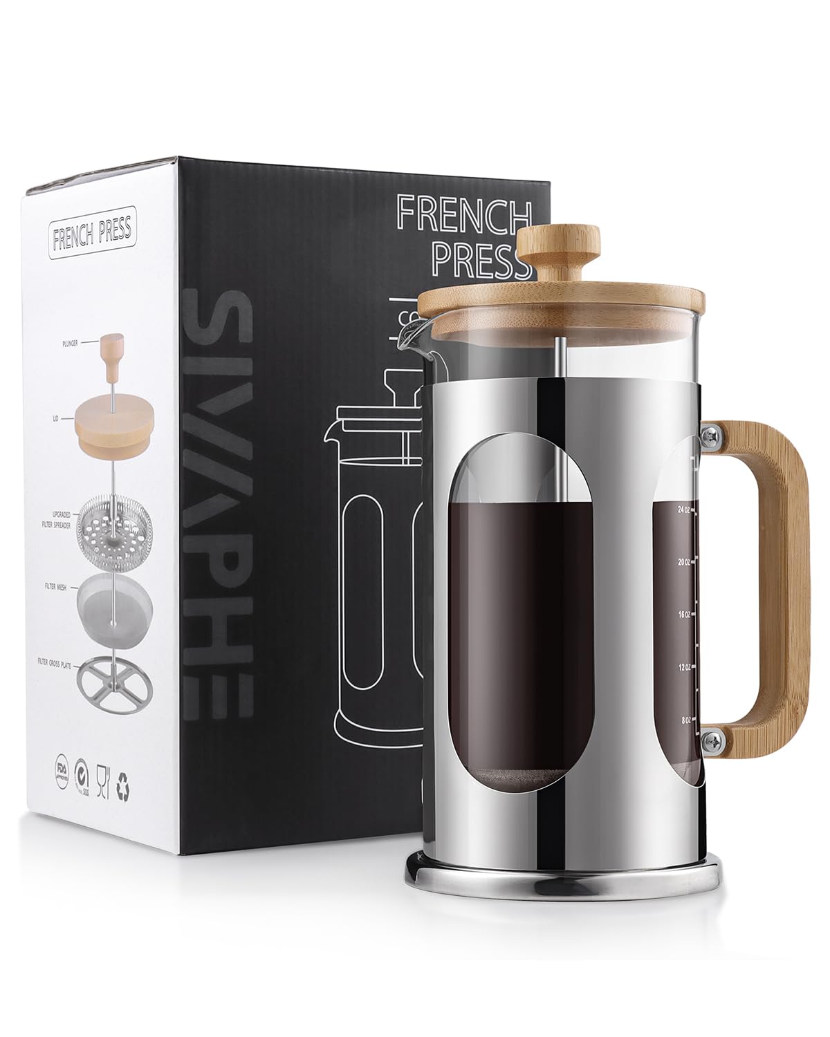 Prensa Sivaphe 34oz en vidrio borosilicato con tapa de bambu para cafe claro