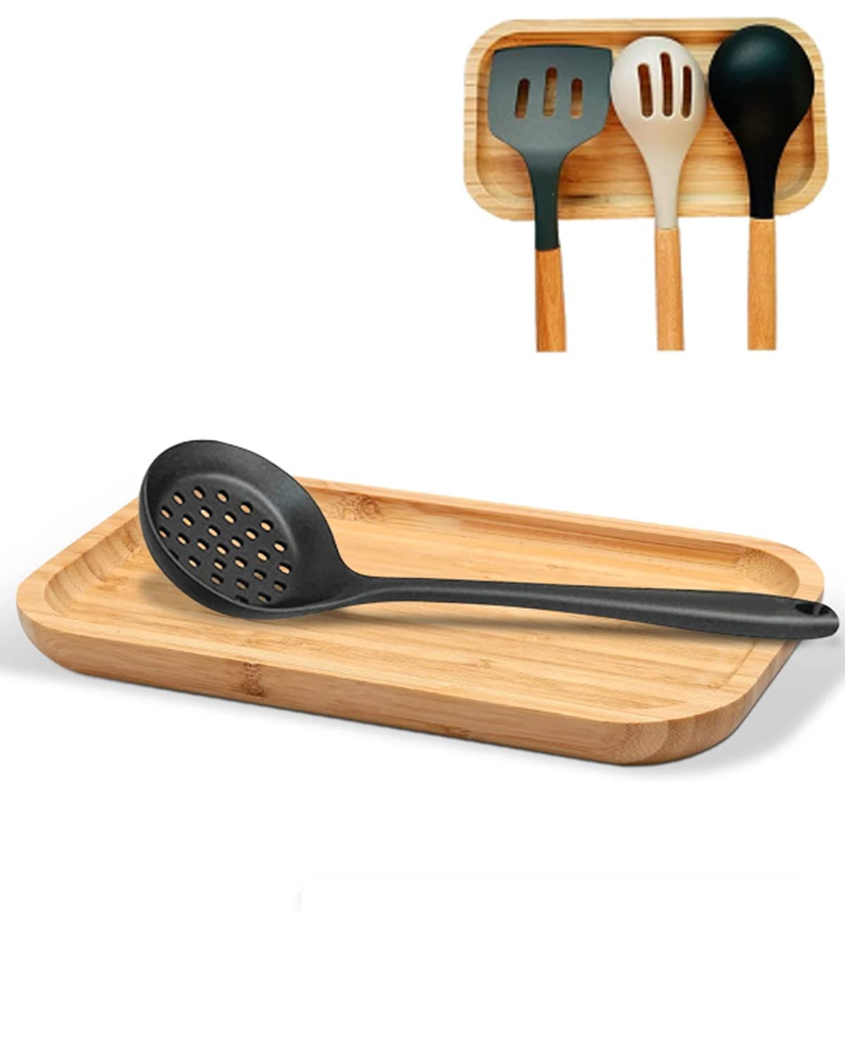 SIVOTAMI reposacucharas grande de madera, mantiene utensilios al alcance y la encimera ordenada.