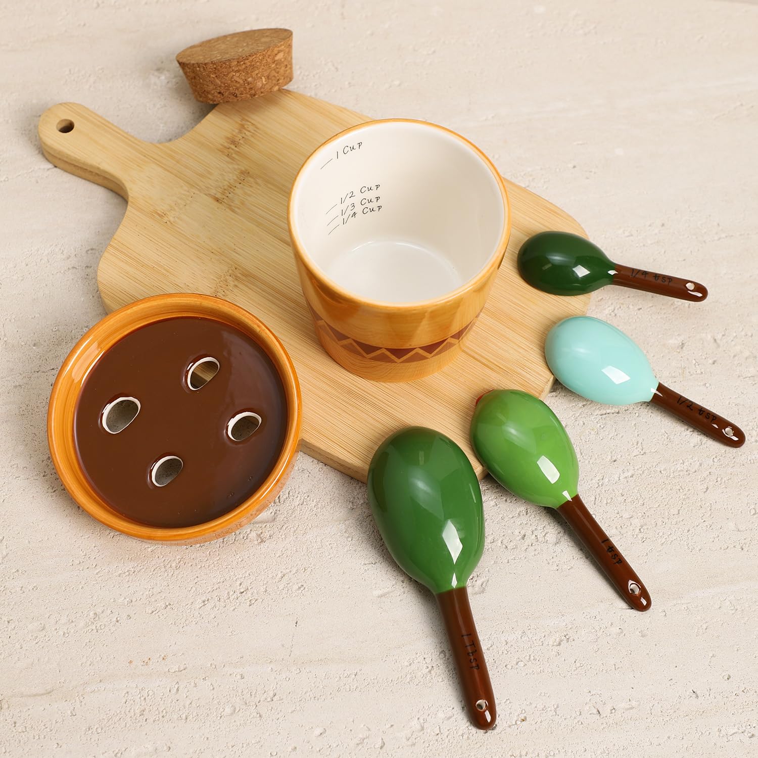 Sizikato, cucharas medidoras porcelana detalle cactus elegante para mesa y cocina.