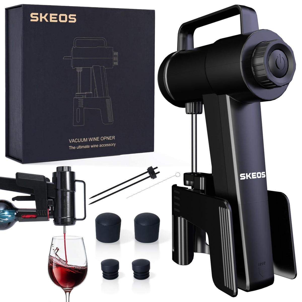 Abridor eléctrico SKEOS en negro, facilita abrir botellas con una sola mano.