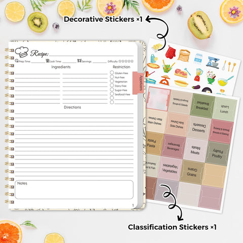 SKYDUE libro de recetas, bolsillo trasero, guarda recortes y notas de referencia.