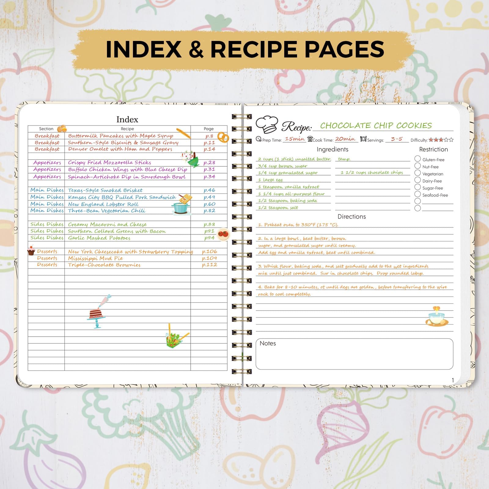 SKYDUE libro de recetas, pestañas de categorías, facilita agrupar recetas por tipo.