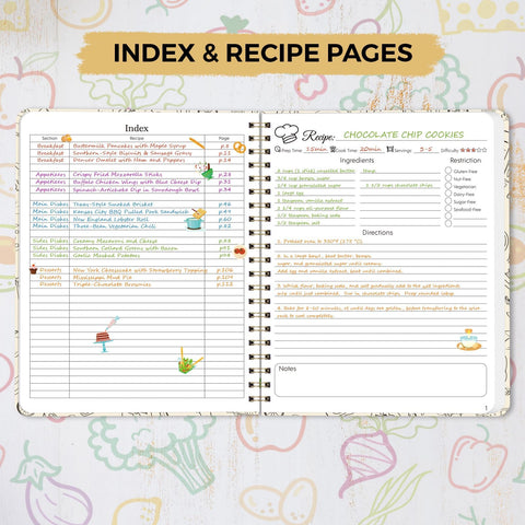 SKYDUE libro de recetas, pestañas de categorías, facilita agrupar recetas por tipo.