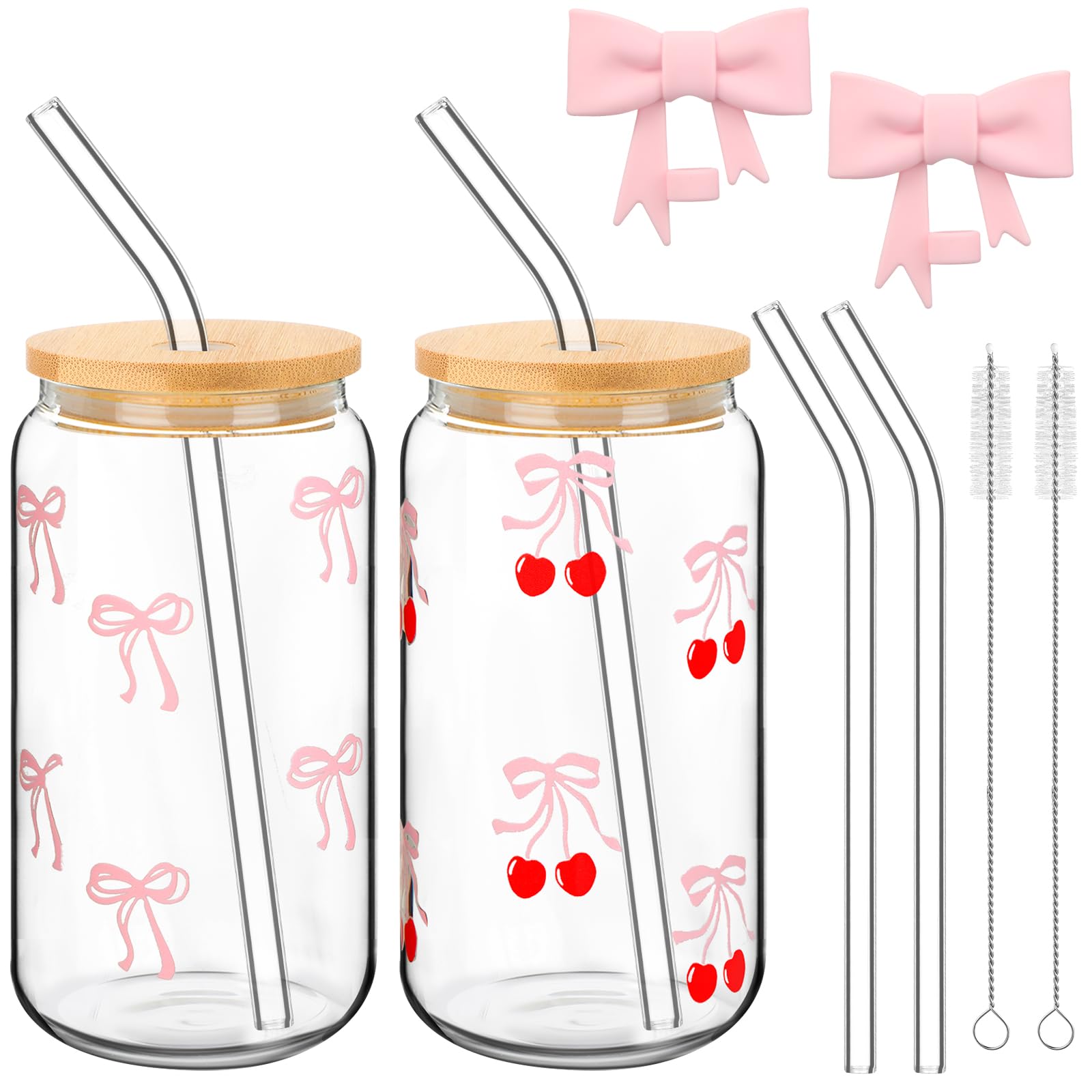 Vaso de cristal Skylety coqueta con lazo rosa, ideal para bebidas frías o calientes.