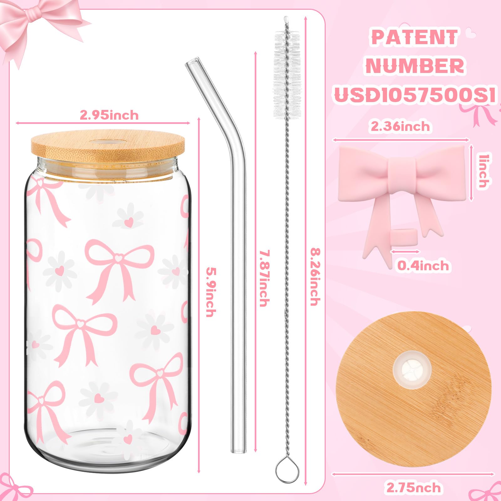 Vaso Skylety con lazo rosa y pajilla de vidrio, perfecto para cafés fríos.