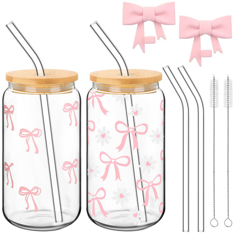 Vaso Skylety con lazo rosa de 16 onzas y tapa de bambú, ideal para bebidas sin derrames.