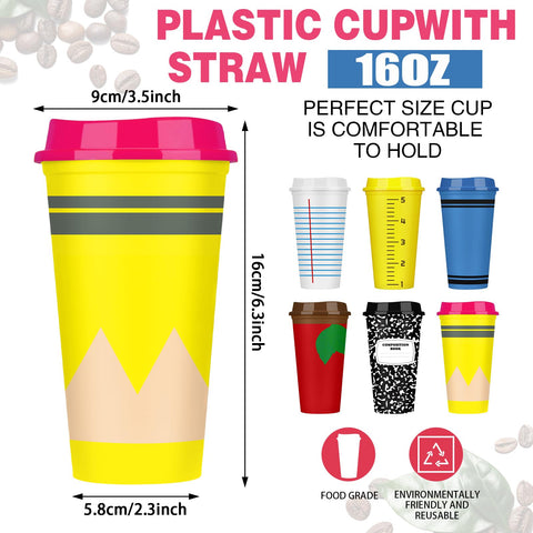 Skylety vaso plástico 16oz con tapa y diseño de crayones, perfecto para fiestas escolares.
