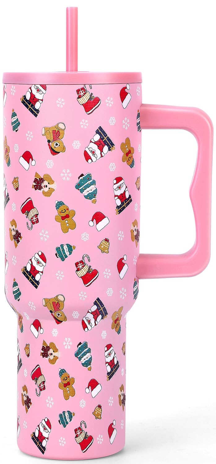 Skywerc taza térmica navidad 40oz con asa, ideal para llevar bebidas en movimiento.