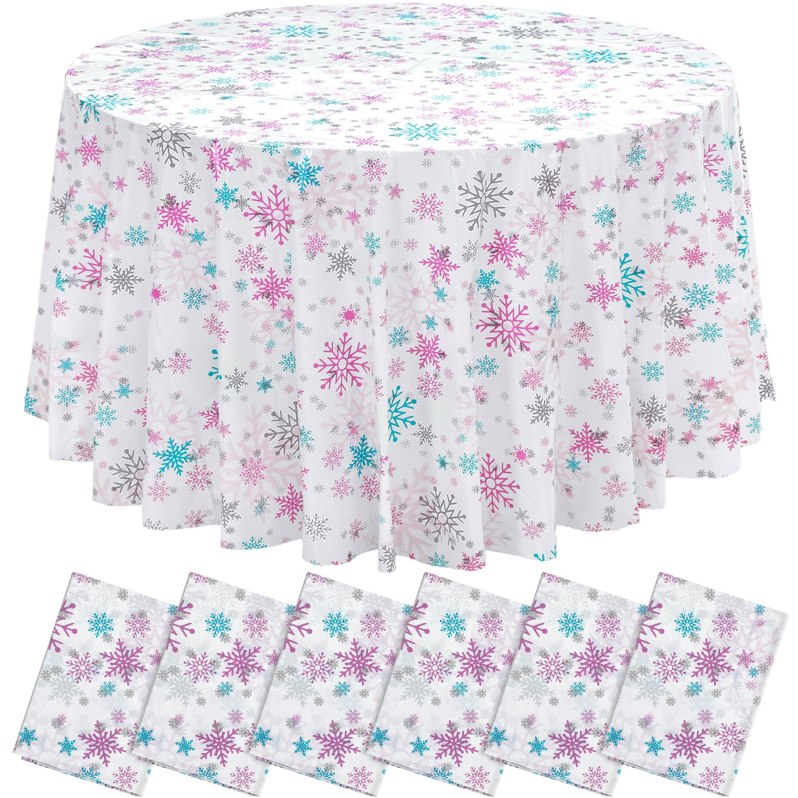 Mantel Sliner con copos de nieve rosa para una mesa protegida y festiva.