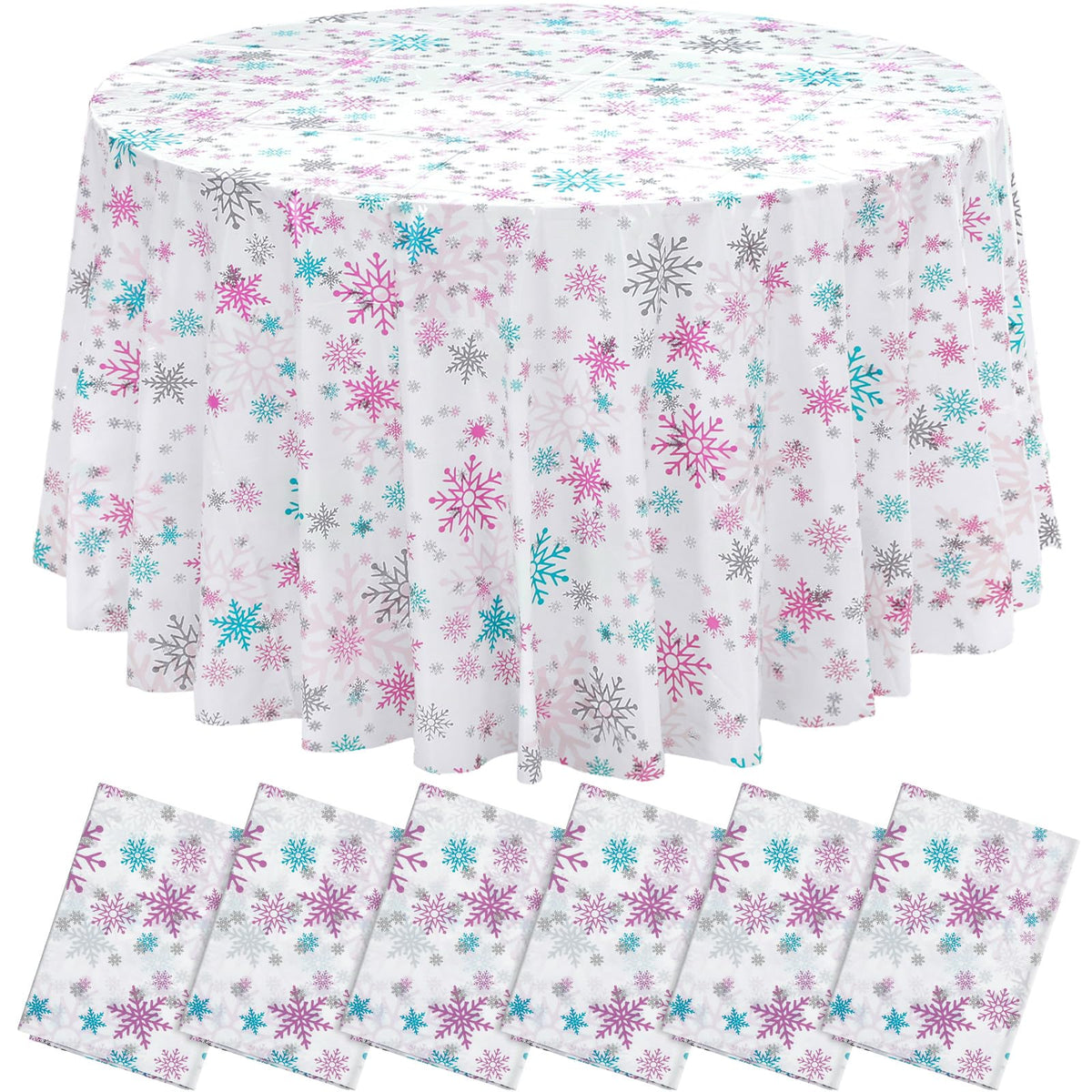 Mantel Sliner con copos de nieve rosa para una mesa protegida y festiva.