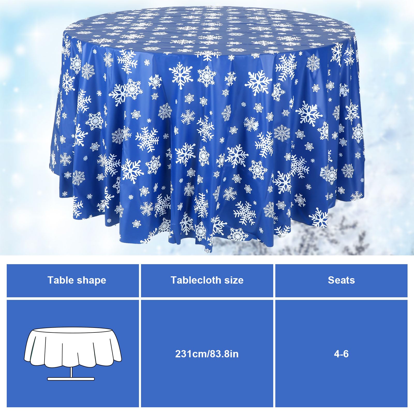 Mantel desechable de plástico azul de Sliner con copos de nieve, ideal para fiestas.