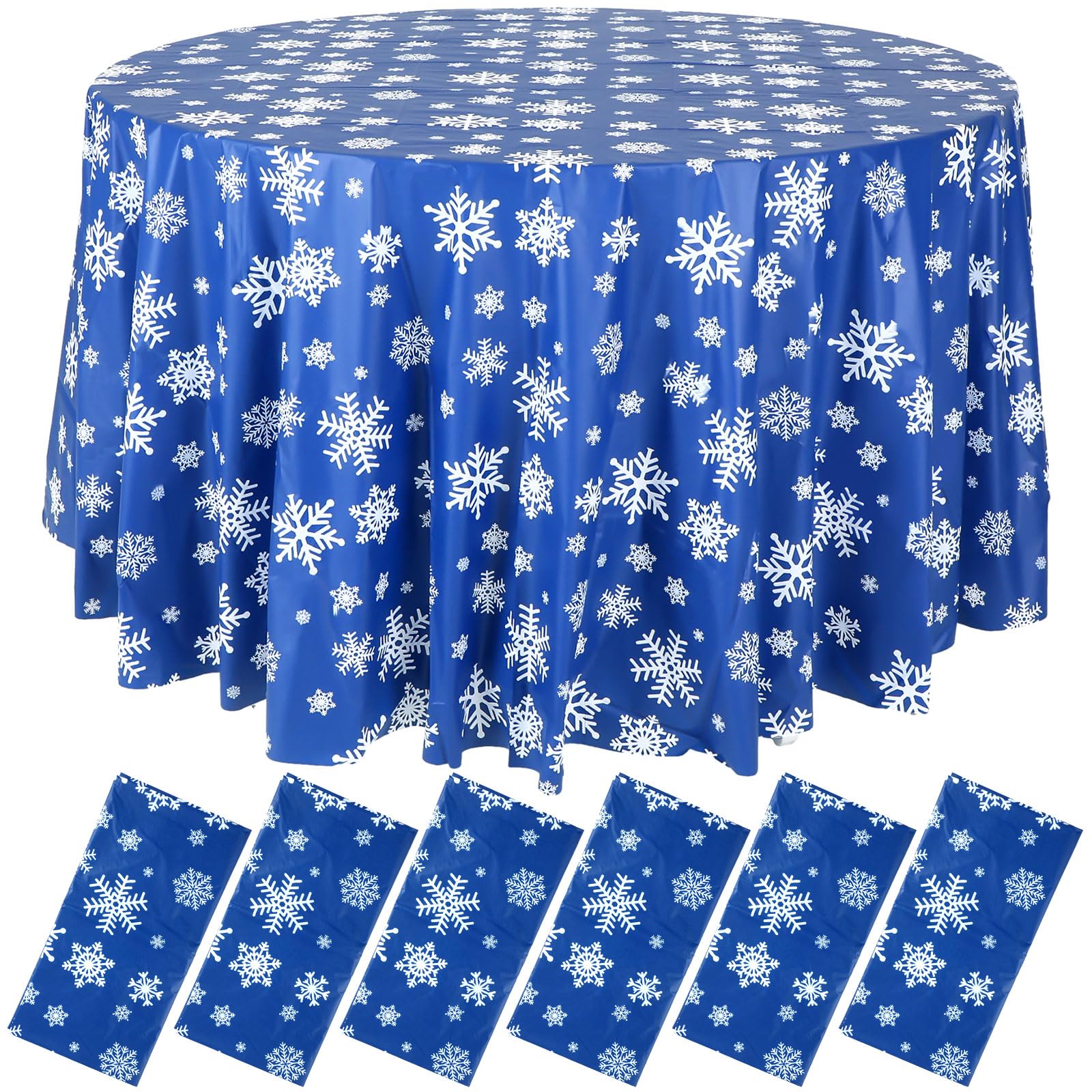 Mantel navideño redondo de Sliner en azul con copos de nieve para mesa festiva.
