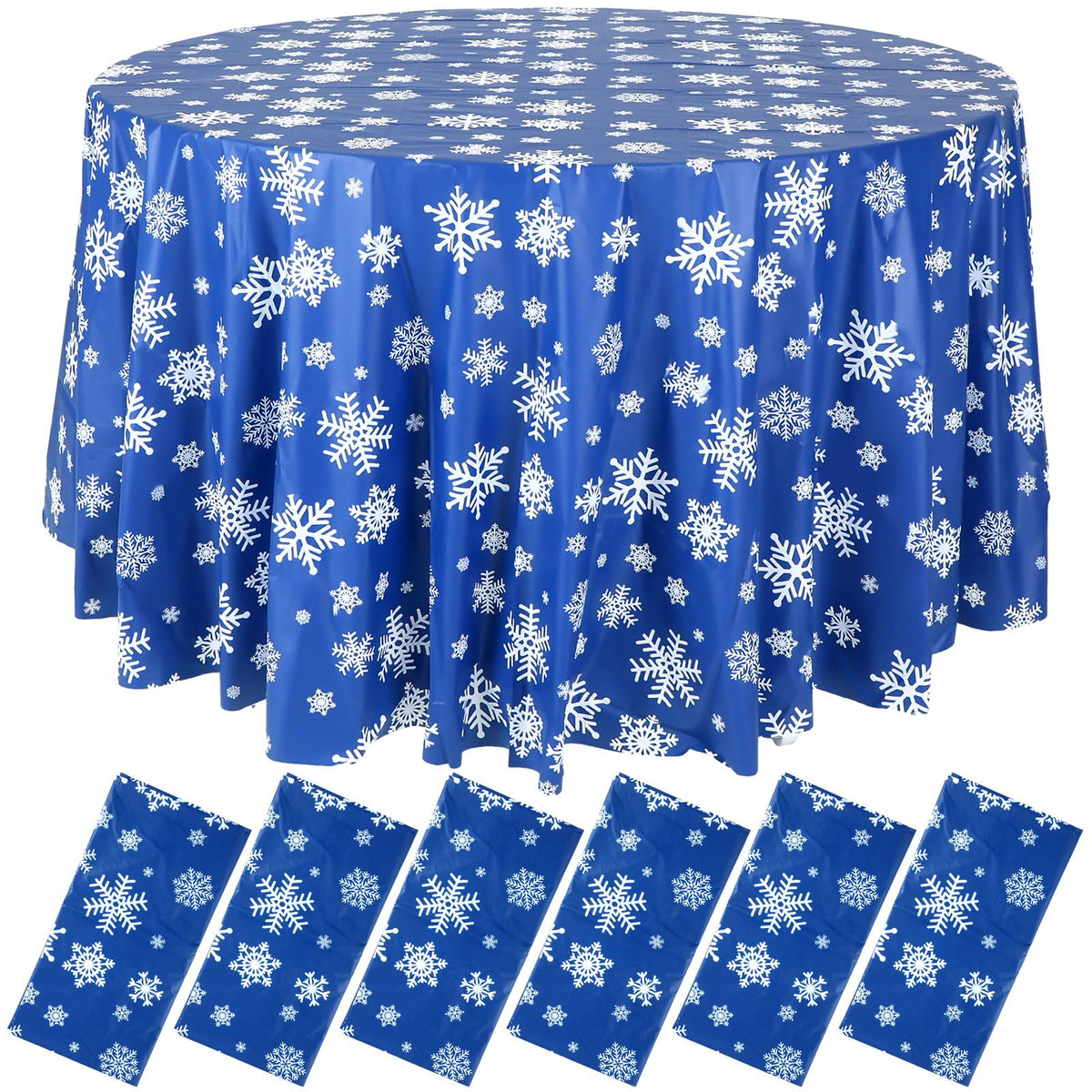 Mantel navideño redondo de Sliner en azul con copos de nieve para mesa festiva.