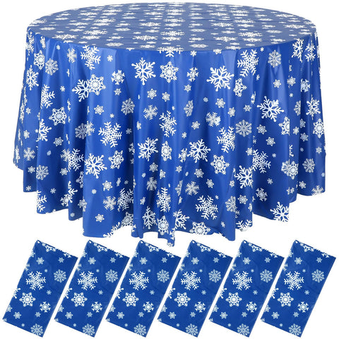 Mantel navideño redondo de Sliner en azul con copos de nieve para mesa festiva.