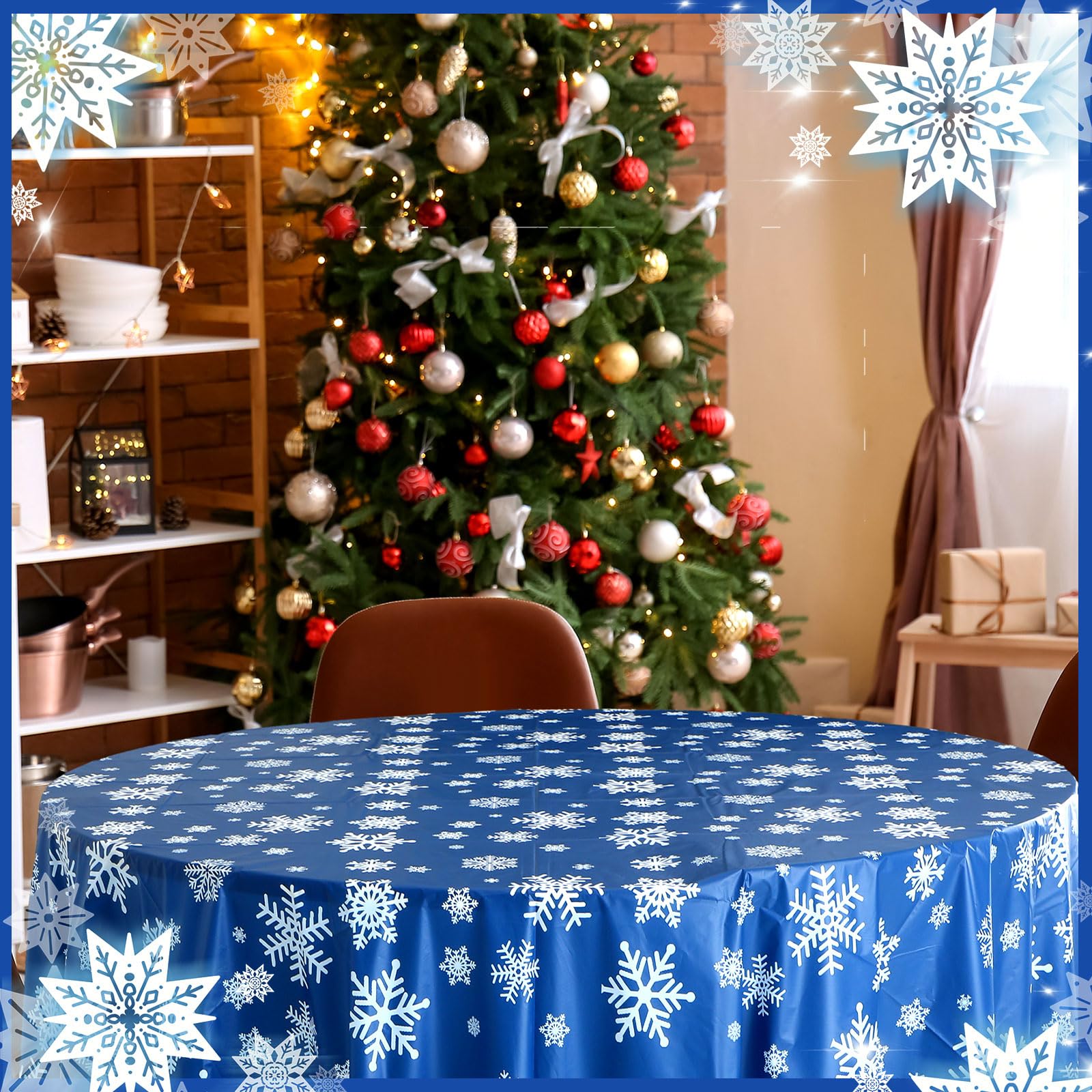 Ambiente navideño mejorado con mantel desechable de Sliner, copos de nieve sobre fondo azul.