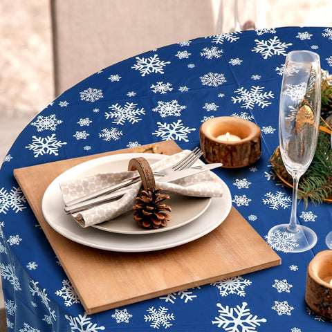 Mantel redondo para 8-10 personas, de Sliner, azul y decorativo con copos.