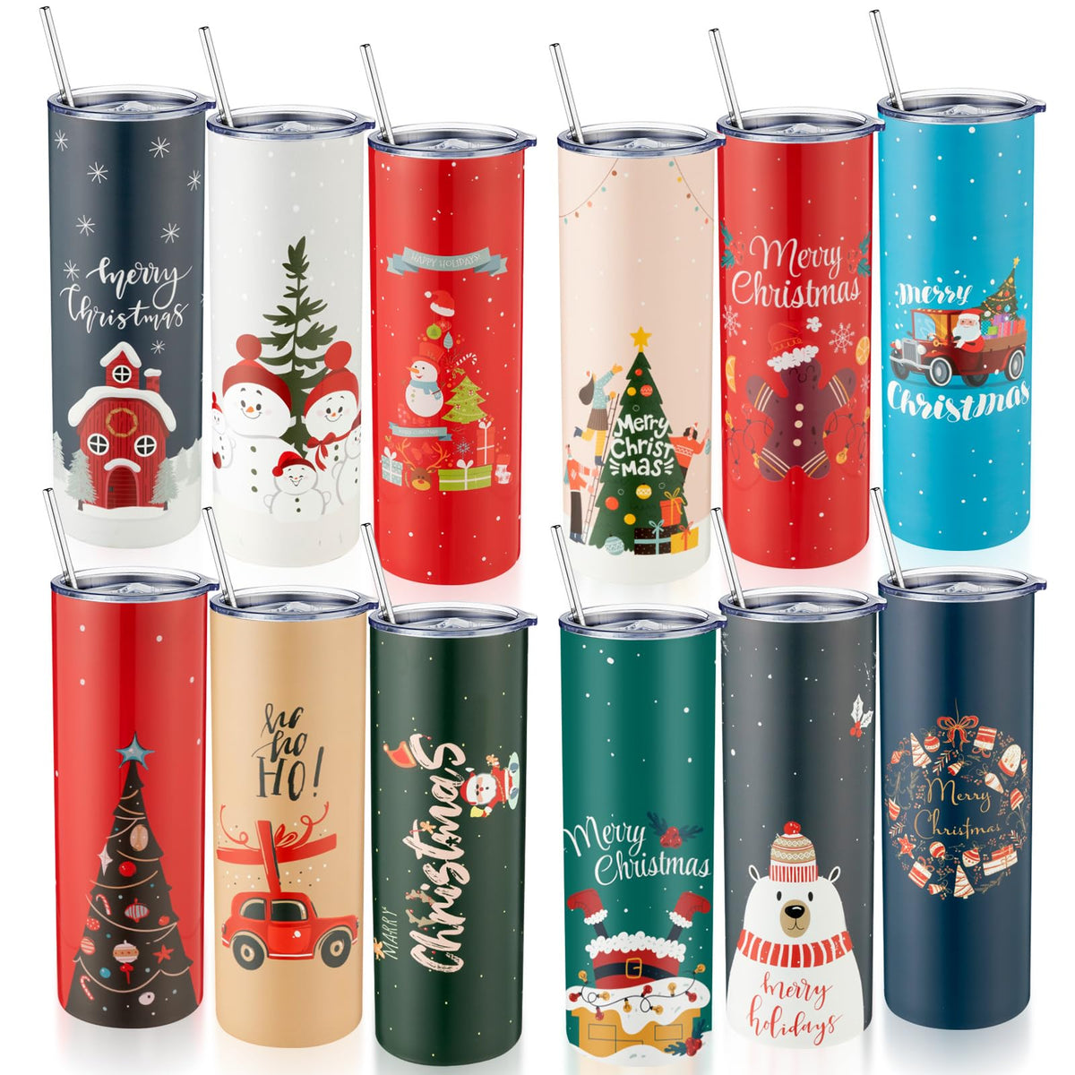 Sliner vasos térmicos navideños 20 oz con tapa y pajilla, ideales para bebidas frías o calientes.