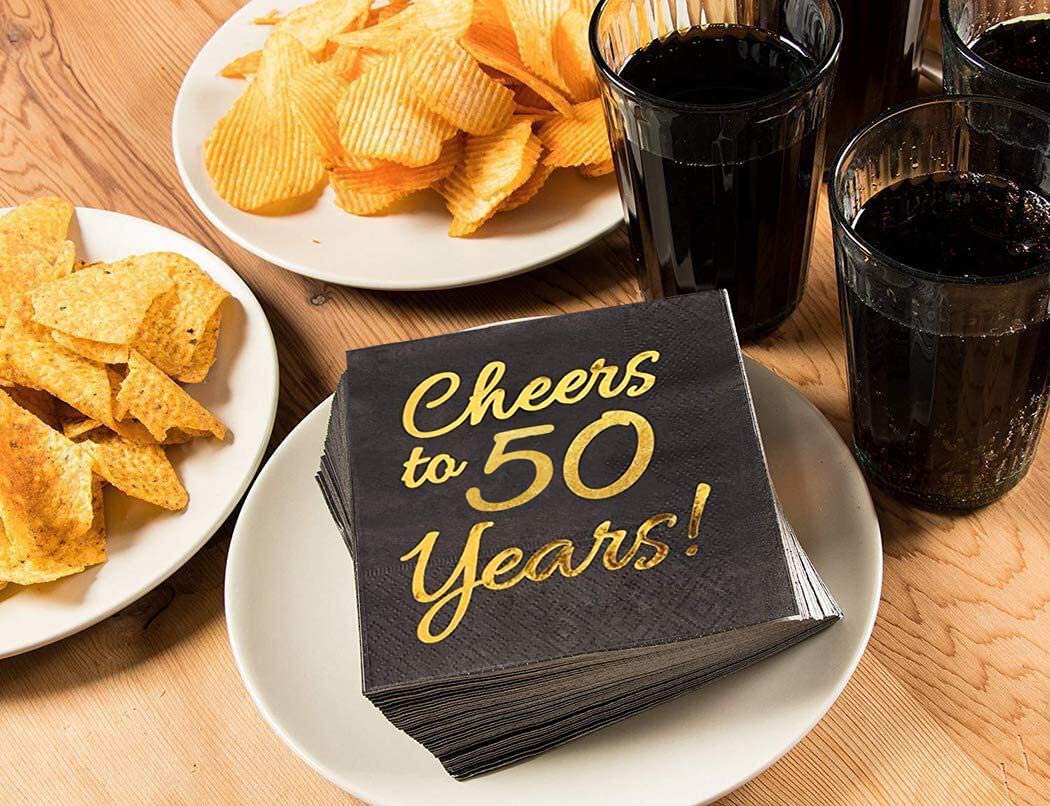Sllyfo servilletas 50 aniversario negro dorado para mesa de celebración.