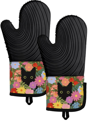 Slohif guantes de silicona para horno con diseño de gato negro, manejo seguro de utensilios.