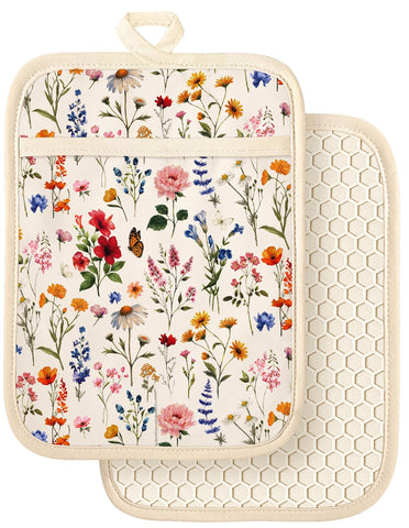 Slohif manoplas de horno con bolsillos florales beige para agarrar ollas con seguridad.