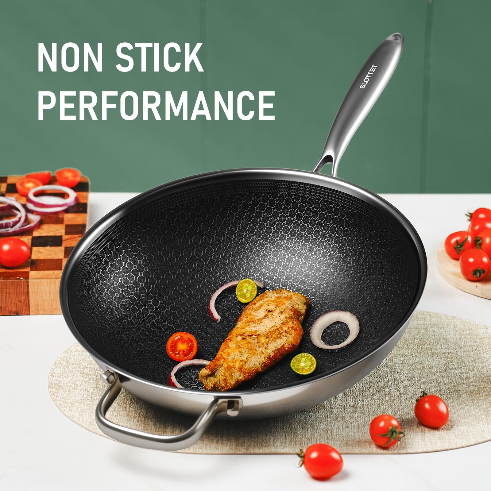 SLOTTET wok 12 pulgadas interior antiadherente duradero para cocinar sin pegar