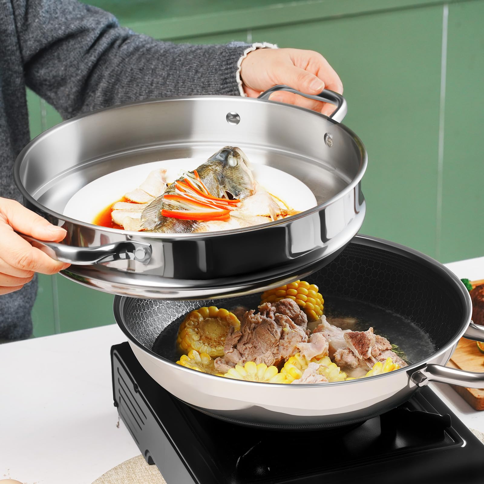 SLOTTET wok híbrido 12 pulgadas vaporera integrada para cocinar al vapor