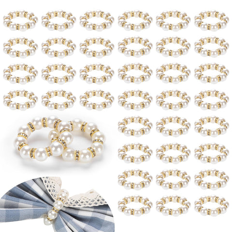 smallchuzi aros de servilleta con perlas doradas y blancas, decoración elegante para bodas