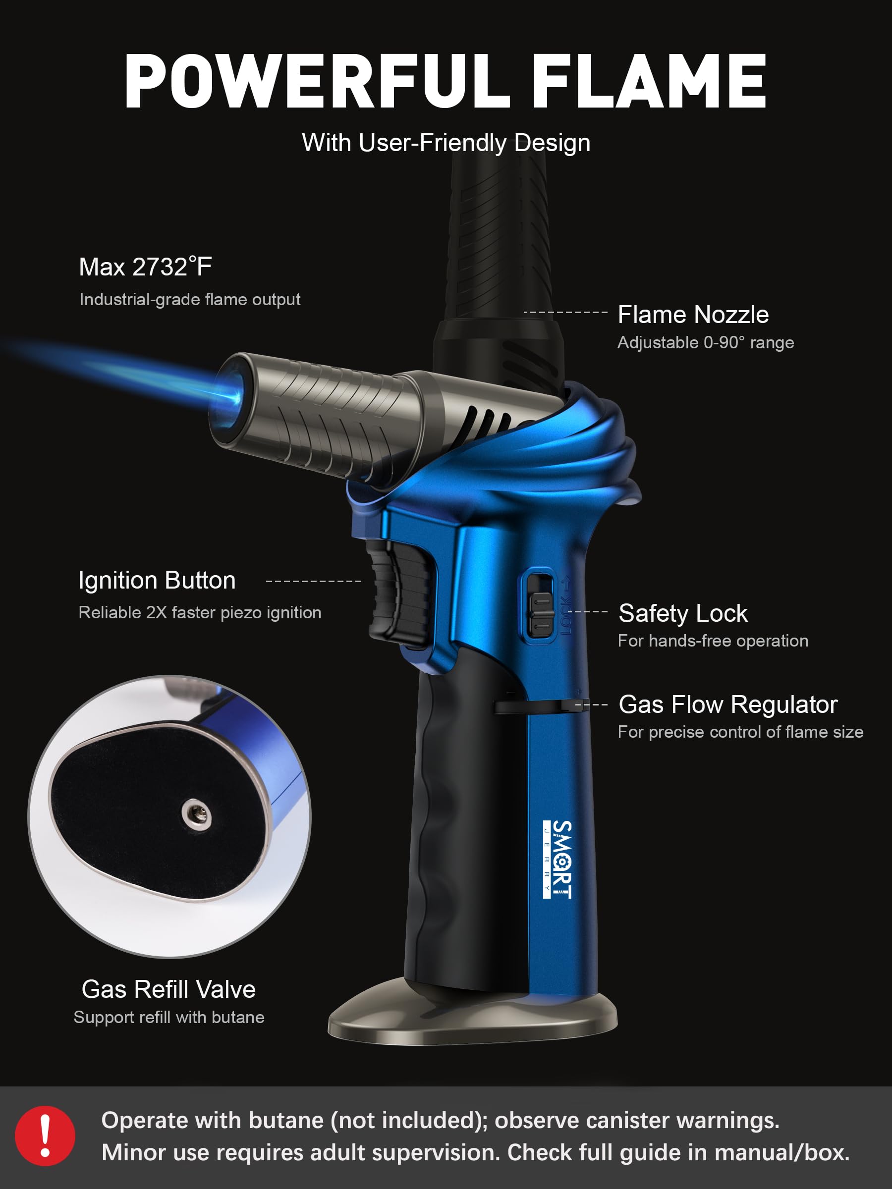 SMART JERRY Mini Torch Gun muestra temperatura máxima de 1500°C para trabajos exigentes.